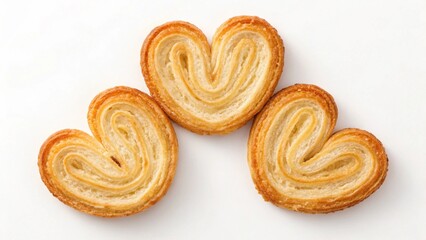 This appetizing image features "three delicious heart-shaped Palmiers with their classic layered texture, standing out against a bright white studio background