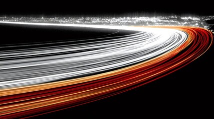 Vibrant light trails curving against dark backdrop, revealing silhouetted urban landscape glowing with nighttime energy