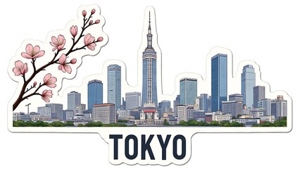 Title: Tokyo skyline sticker, cherry blossoms, Japan travel concept