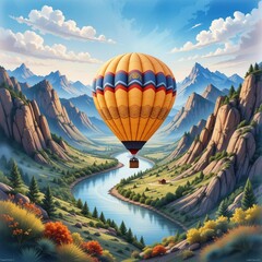 Colorful hot air balloon floats over a scenic valley with mountains and a winding river below