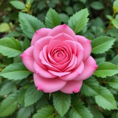 Beautiful pink rose in full bloom surrounded by vibrant green leaves in a garden setting