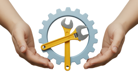 Isolated Hands Holding Wrenches and Gear