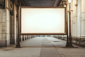 Historic Walkway Featuring a Large Blank Vintage Billboard for Advertising