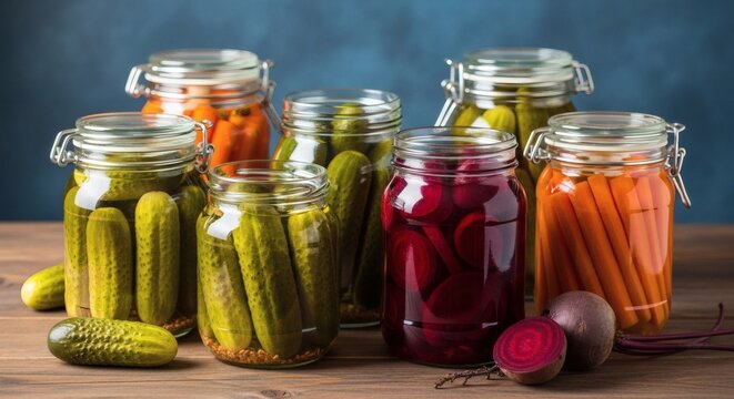 Homemade pickled vegetables in jars canning food preservation