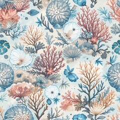 Colorful underwater scene featuring various corals, sea plants, and marine life in delicate pastel shades