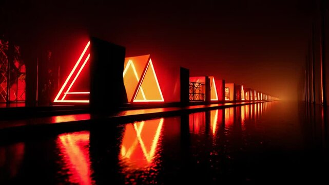 Neon red and orange illuminated triangles with reflections on wet surface