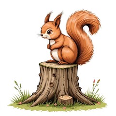 Cute red squirrel sits on a tree stump in a forest surrounded by grass and wildflowers