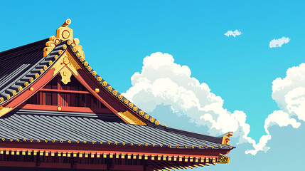 Fototapeta premium A detailed pixel-art depiction of a traditional Japanese temple roof, showcasing intricate architecture against a bright blue sky with cumulus clouds.