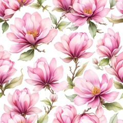 A beautiful floral pattern featuring pink magnolia flowers with delicate blooms and vibrant green leaves on a light background