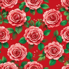 Red roses with lush green leaves create a vibrant floral pattern perfect for textiles and decor