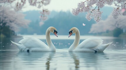 Obraz premium Two swans in love amidst cherry blossoms