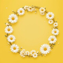 Bright yellow backdrop adorned with a circular arrangement of white daisies creating a cheerful and vibrant atmosphere