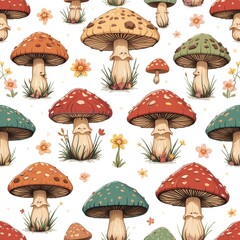 Colorful mushroom pattern featuring various shapes and sizes surrounded by flowers and grass in a whimsical design
