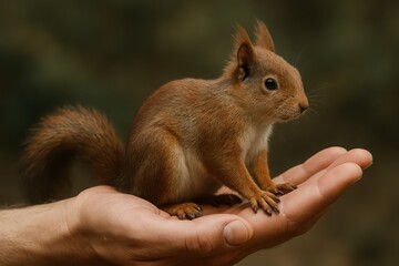 open hand  and there is squirrel 
animal concept of love for all animals, protection of animals and spirituality and friendship of animals
