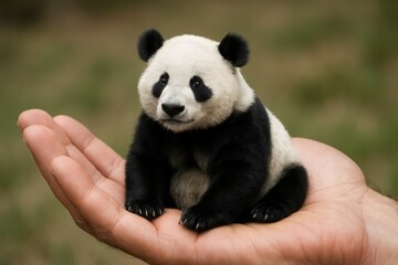 open hand  and there is panda bear on it
animal concept of love for all animals, protection of animals and spirituality and friendship of animals