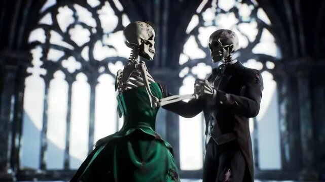 A skeleton couple in vintage formal wear dancing a slow waltz.