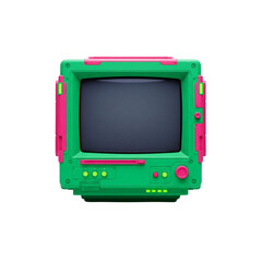 Stylized retro sci-fi monitor in green and pink on transparent...