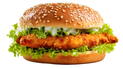 Delicious close up view of a freshly made crispy chicken burger with sesame seed bun and fresh lettuce for advertising isolated on white transparent background