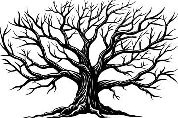 Black and white illustration of a bare winter tree