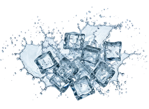 Ice cubes splashing water isolated on transparent background
