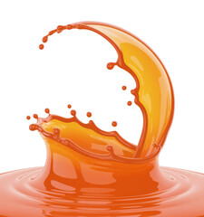Close up of orange liquid splashing and creating a crown shape against a black background scene