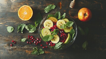 Fresh fruit salad with apple, banana, pomegranate, and mint
