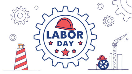 Labor day celebration with a hard hat atop a gear, stars, a lighthouse, and a construction site isolated on white background