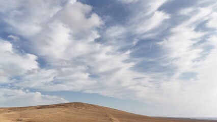 Desert landscape with dry vegetation, mountains in the background, and a wide sky
