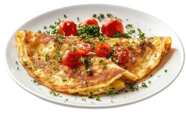 Plate of food with two omelets and tomatoes on top