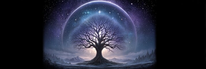Atop a sandy path, a glowing tree radiates divine presence, its light-leaves and sky-reaching limbs rich with symbolism.  