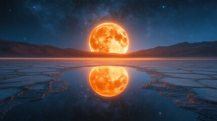 Vast, orange moon reflected in still water