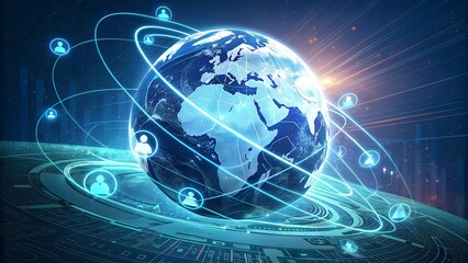 Obraz premium Radiant Digital Globe with Ethereal Connectivity Icons in Vibrant Futuristic Tech Environment 