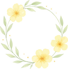 Watercolor Wreath with Pale Yellow Flowers and Green Leaves