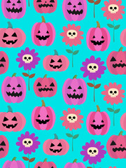 funny halloween pattern with pink jack o lantern pumpkins and skull flowers, seamless cute spooky vector background for textile, kids, party, decoration