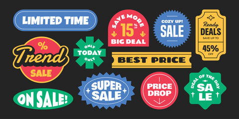 Colorful sale stickers, patch, badge collection. Trendy online promotion tag discount.