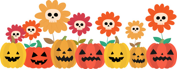 Fototapeta premium funny halloween pumpkins with spooky flower skulls, cute vector border design with jack o’lanterns and scary daisies for halloween decoration and greeting cards