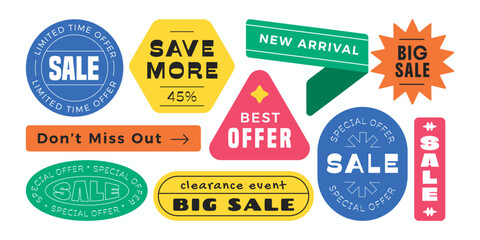 Colorful sale stickers, patch, badge collection. Trendy online promotion tag discount.