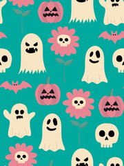 white ghost pink pumpkin skull bat flower seamless pattern teal background halloween vector design repeat festive textile