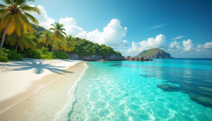 Fototapeta premium Tropical beach with crystal-clear turquoise waters, soft white sand, and lush green palm trees. Perfect for vacation promotions, travel brochures, tourism advertisements, and relaxation-themed content