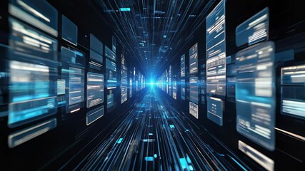 A futuristic digital tunnel with glowing code blocks rapidly moving on both sides and a bright, flickering light at the center, conveying a sense of advancing through cyberspace - Powered by Adobe