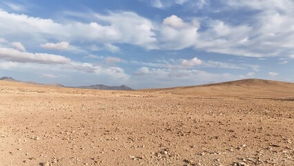 Desert landscape with dry vegetation, mountains in the background, and a wide sky