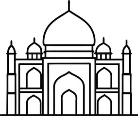Indian Mosque with Mughal Dome Cultural Style vector line art illustration