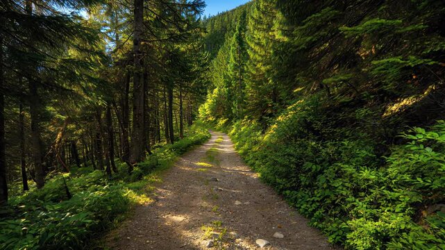 Sunlit forest path winding through dense green trees and vegetation with gentle shadows and a peaceful natural atmosphere