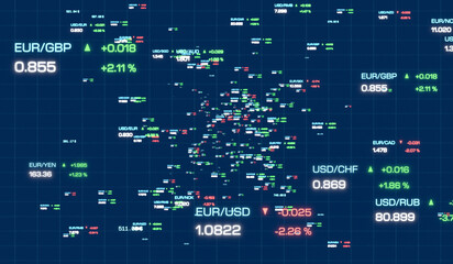 Currency rates, US dollar, Euro, British pound, Swiss franc, Japanese yen, Singapor dollar, Austral dollar. Floating rates, abstract, trading data. 3D illustration