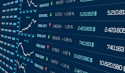 Close up currency exchange rates, US Dollar, Swiss franc, Euro, British pound, Japanese yen and charts. Currencies with prices and percentage changes, trading screen, market data. 3D illustration