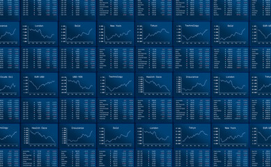 Trading screen, stock market, stock index data, commodities, currency exchange rates. Charts and spreadsheets with market information, business, analyzing, financial figures. 3D illustration