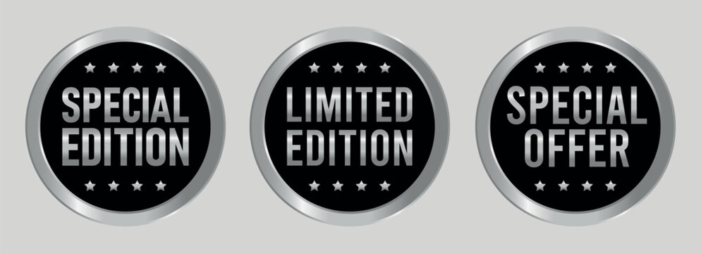 black and silver round badges for special edition, limited edition and exclusive offer display	