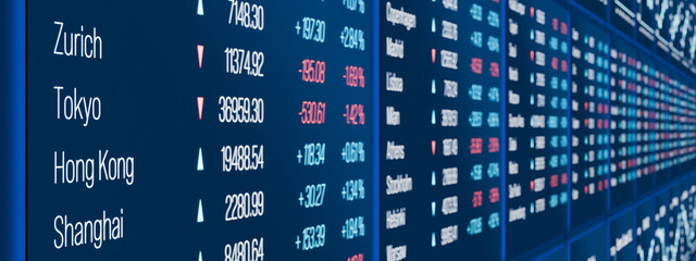 Zurich, Tokyo, Hong Kong, Shanghai stock market information, close-up index data. Trading screen, exchange, investment information, analyzing, financial markets. 3D illustration