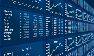 Stock index data. New York, Frankfurt, Paris, London, charts in the background. Stock market data, index information, analyzing, investment. 3D illustration