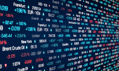 Stock market trading floor, stock index data, currency rates and commodity prices. Ticker board, business, trading information, price change, market data. 3D illustration